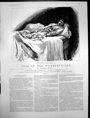 Original alter antiker Druck Tess Durbervilles Thomas Hardy Mann liegend auf Bett 1891
