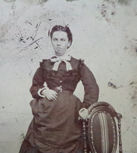 Bow Dress Woman Seated Studio Tintype Photo Victorian Fashion Antique Portrait