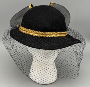 Vintage Mr Charles Black Wool Hat Gold‎ Bow Birdcage Veil Church Derby USA Made Vintage Mr Charles Black Wool Hat Gold Bow Birdcage Veil  main image 4