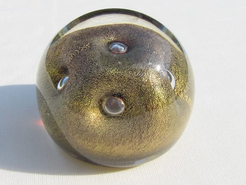ALFREDO BARBINI 1950s Murano Glass PAPERWEIGHT Gold Fleck Bubble Center