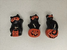 Vintage Lot of 3 Halloween Black Cat Mask Pumpkin Trick Or Treat Wax Candle Set