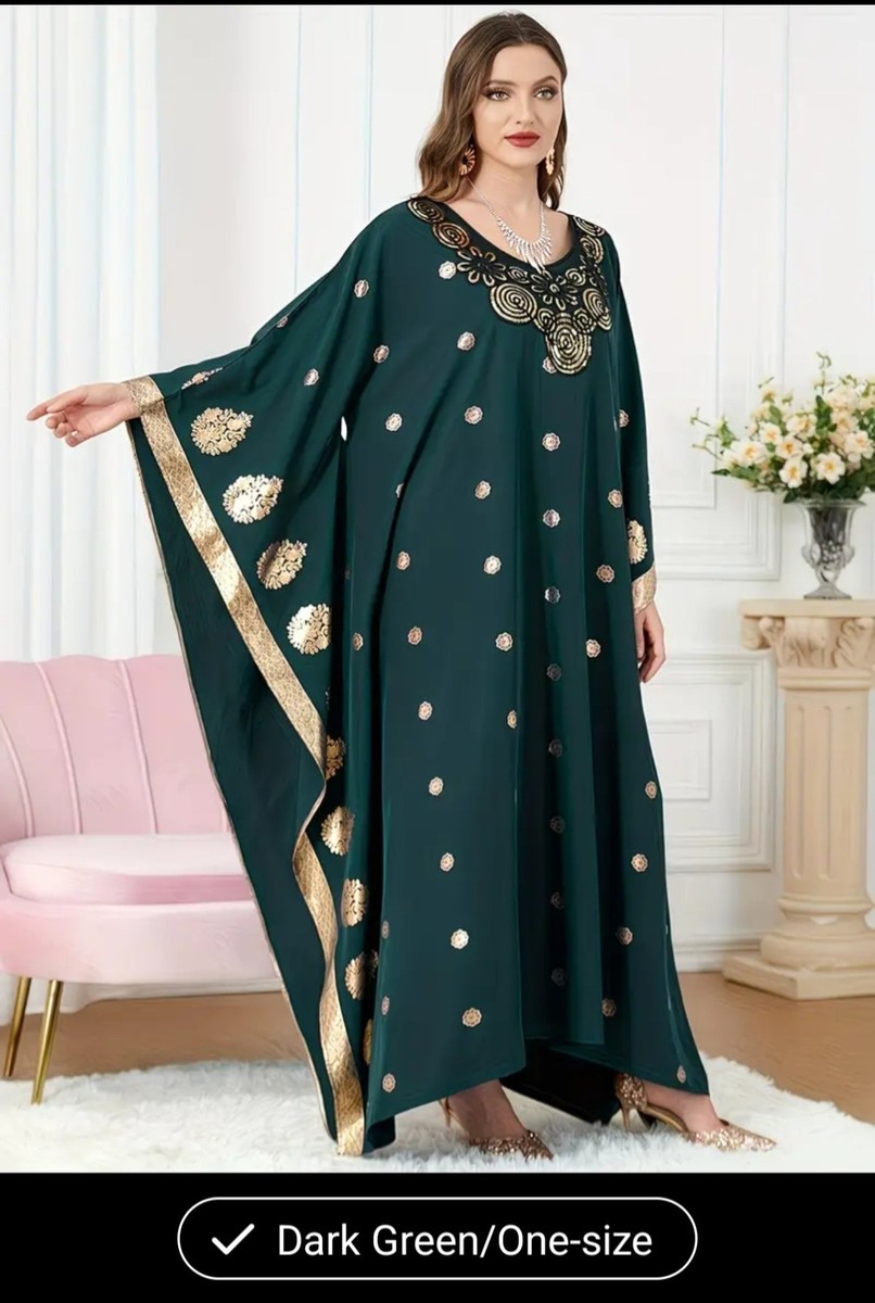dark green kaftan dress Women's and Gold Dress, One Size, Middle Eastern Style Moroccan caftan Blue + white stripes silver belt The lightweight Chinon silk Color:Black & White