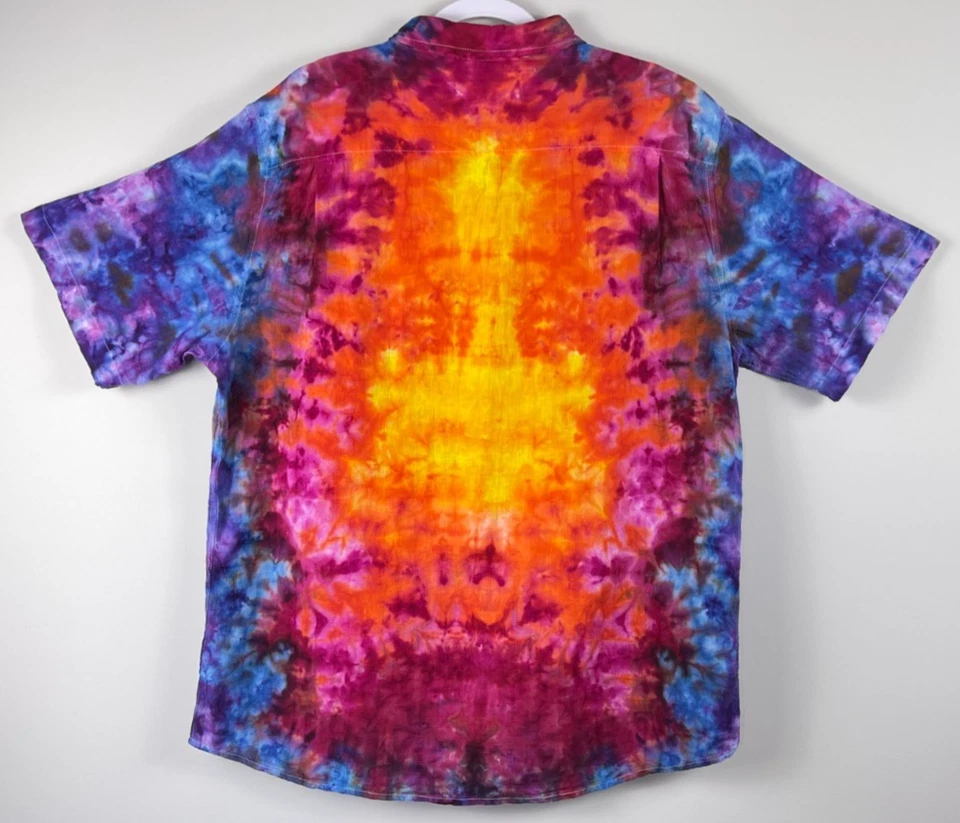 Handmade Tie Dye Linen Button-Down, Scrunch Tie Dye Short Sleeve Ice Dye, XL - Image 2 of 4