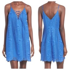 ASTR Dress Crochet Lace Floral Mini Shift Sleeveless Lace-Up V Neck Blue Boho S