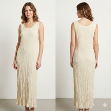 Vintage 90s R&M Richards Cream Crinkle Maxi Dress Size 16 Made in USA Minimalist