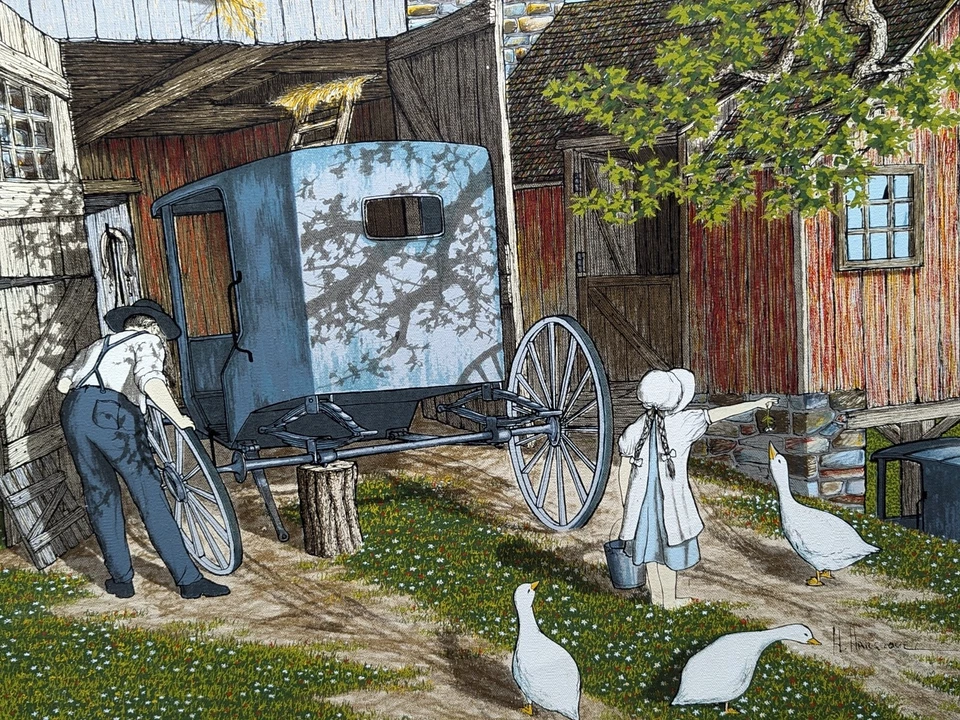 H Hargrove pintura al óleo original niña alimentando patos mientras papá trabaja Foto 2 de 4