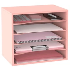 5-Tier Paper Organizer for Desk Wood Desktop Organizer with Adjustable Letter...