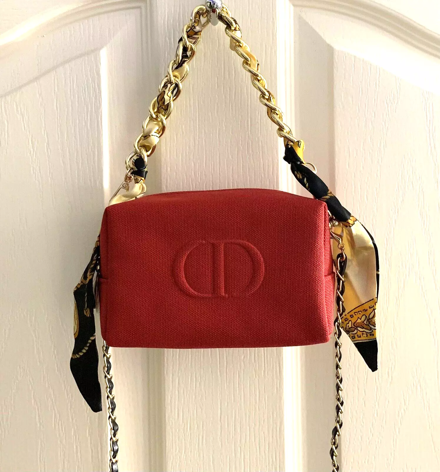 DIOR bandoulière chaîne or rouge sac à main sac de soirée pochette beauté cosmétique NEUF