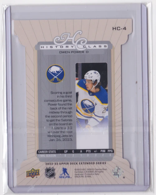 2022-23 UD EXTENDED SERIES HISTORY CLASS LEVEL 1 SP /100 OWEN POWER #HC-4 SABRES - Image 2 of 2