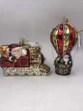Kurt Adler Glass SANTA In Hot Air Balloon & Train Ornament Set in Gift Box