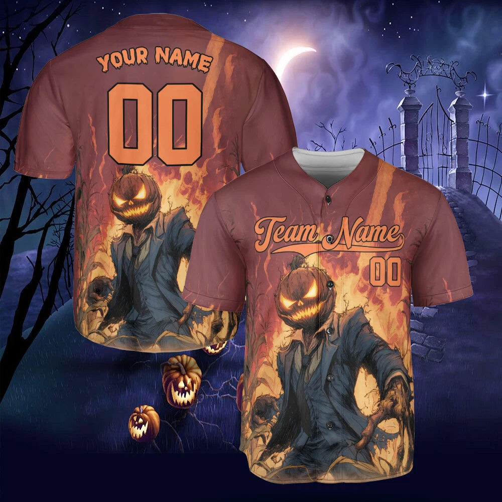 Personalized Scarecrow Halloween Baseball Jersey, Pumpkin Halloween Night Jersey