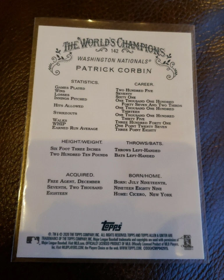 2020 Topps Chrome Allen Ginter 142 Patrick Corbin Base Card Washington Nationals - Image 2 of 2