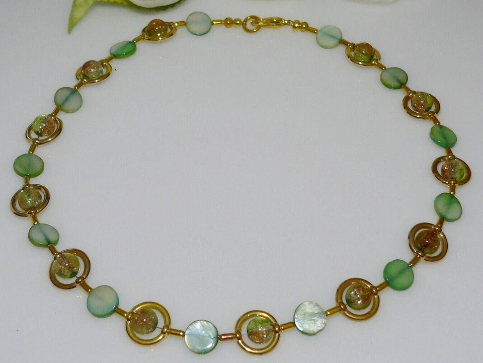 Schmuckset Kette Ohrring Perlmutt Muschel Glas Perle crash grün braun gold 297b - Bild 2 von 4