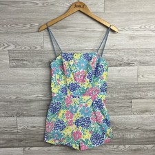 Vintage Sea Waves Blue Floral One Piece Romper Swimsuit Size 6 Summer 70s 80s