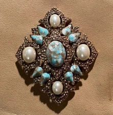 Sarah Coventry 1968 FAUX TURQUOISE PEARL Cabochon REMEMBRANCE Brooch Belt Buckle