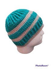 Hand Crocheted Unisex Beanie Hat 9" Long Gray Teal Blue Green Acrylic
