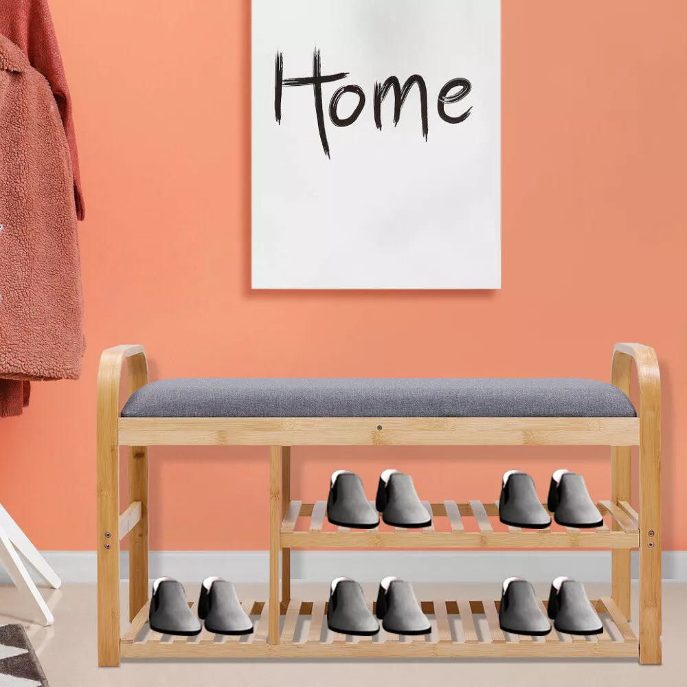 Bamboo Shoe Storage Bench With Padded Seat Cushion Hallway Shoes Rack Shelf Unit