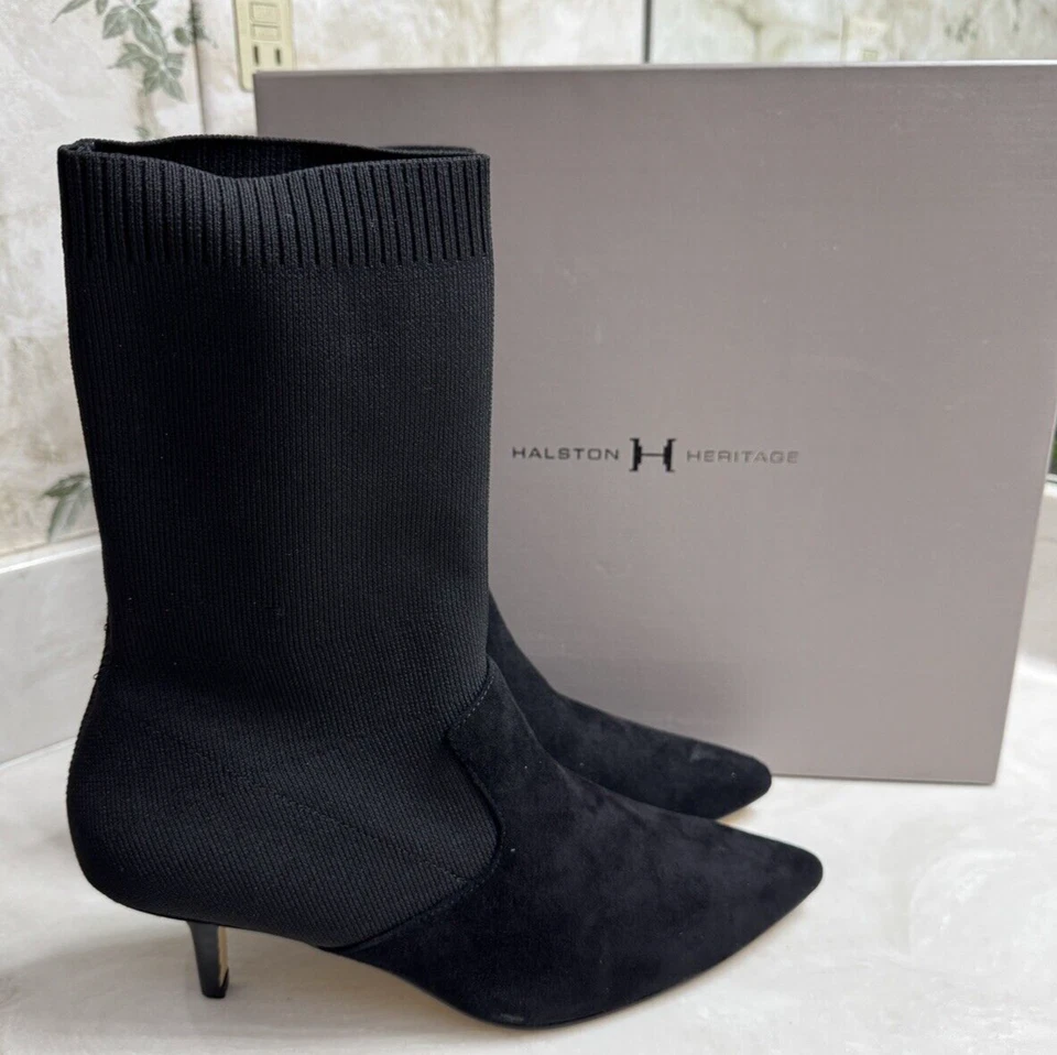 NUEVO EN CAJA Halston Heritage Annalise Negro Gamuza Gatito Tacón Guante Calcetín Bota Talla 7 Foto 2 de 4