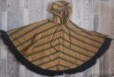 Vintage Womens Green Hooded Full Zip Poncho 60s 70s Boho Hippie Geometric Fringe