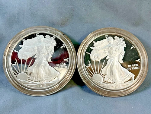 Lot (2) 2018-W & 2019-W American Silver Eagle $1 Proof 1 oz .999 Silver