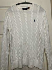 Polo Ralph Lauren White Cotton Cable-Knit Crew Neck Pullover Sweater S