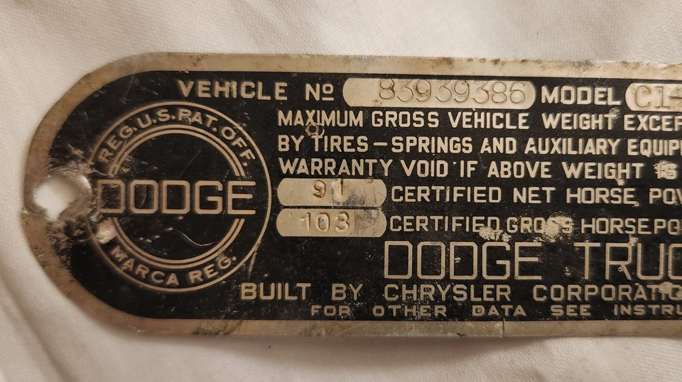1954 Dodge питания универсал грузовик табличка с данными ярлык заводской штамп оригинал - Изображение 4 из 4