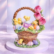 CWC Porcelain Decorative Easter Hinged Box Basket with Eggs Chicks Flowers 6.5"