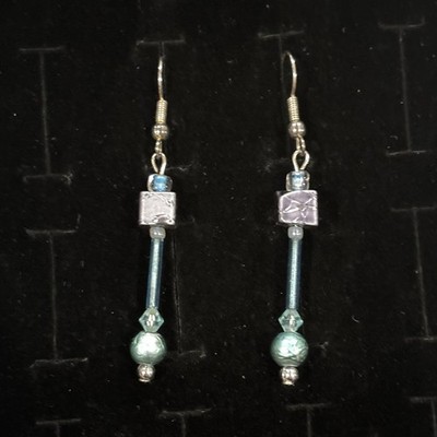 Boho Blue Green Beaded Dangle Earrings Long Artisan Style Glass Drop Minimalist