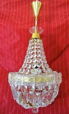 GROßER VINTAGE KORB- SACK LÜSTER KRONLEUCHTER  KRISTALLGLAS KLAR GOLD 1 FLAMMIG 