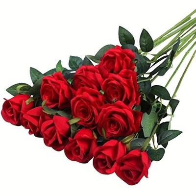 12x Künstliche Einzelne Rosenknospe mit Stiel Seidenblumen Gefälschter Blumenstrauß Hochzeit Party