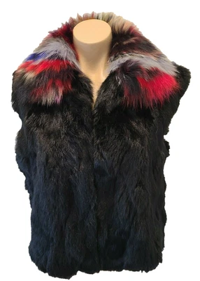 ADRIENNE LANDAU Black Rabbit & Fox Fur Vest w/ Multi Color Collar NWT - Large - Image 1 of 4
