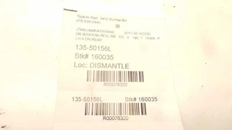 08-14 REGULADOR VENTANA PUERTA TRASERA LADO CONDUCTOR SCION XD Foto 4 de 4