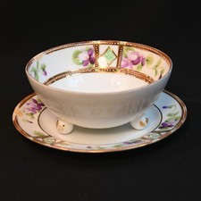 Nippon Mayo/Condiment Bowl & Saucer 1911-1918 Hand Painted Purple Violets w/Gold