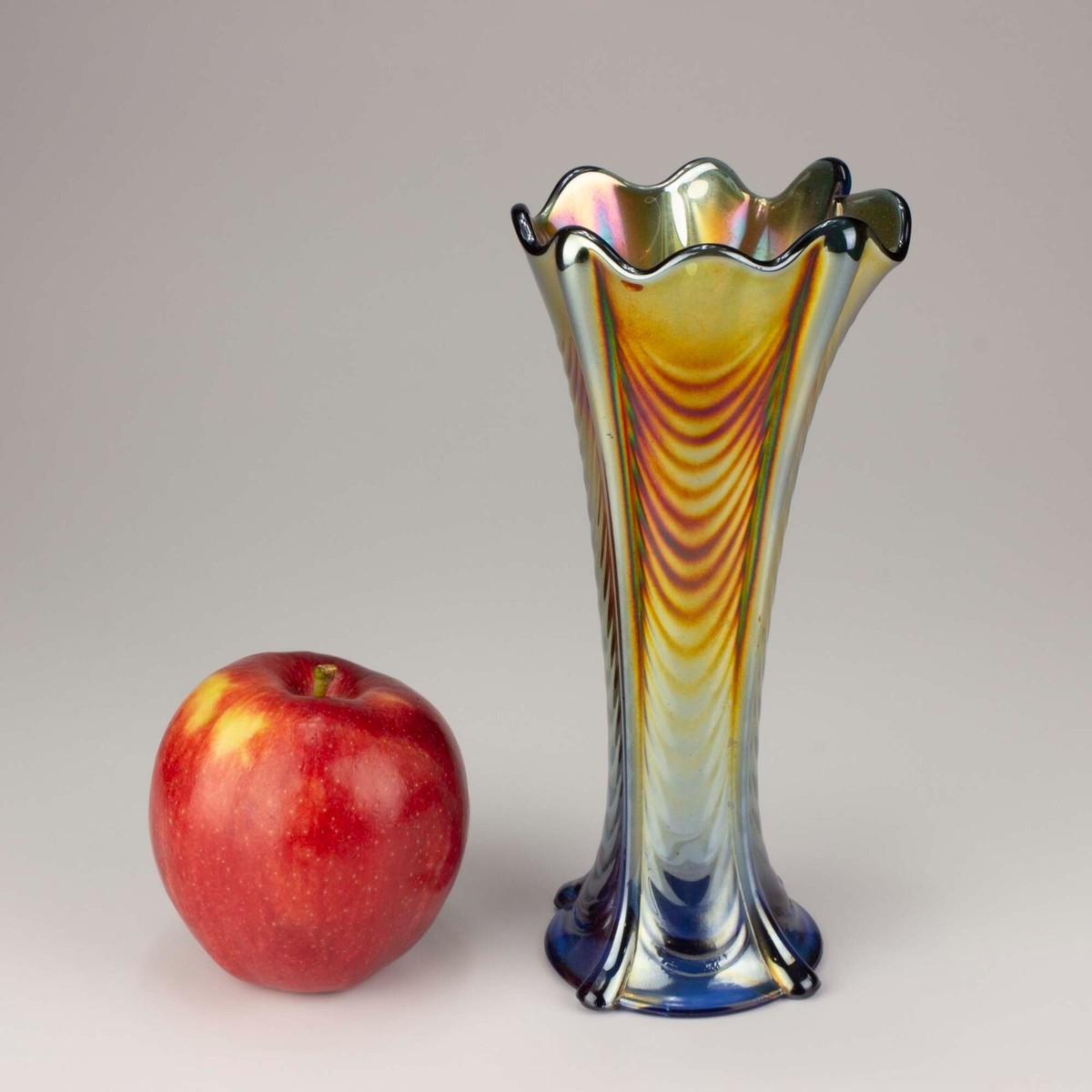Northwood Drapery Carnival Glass Swung Vase, Renninger Blue, Four
