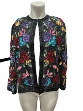 SCALA Vintage Silk Full Sequin Beaded Jacket Bright  & Colorful Flowers. XL
