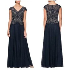 NWT Alex Evenings Beaded Tulle Cap Sleeve V Neck Bodice Ball Gown Navy Sz 6