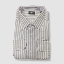  491 Zegna Men Purple White Stripe Trofeo Long-Sleeve Dress Shirt Size 16.5 / 42