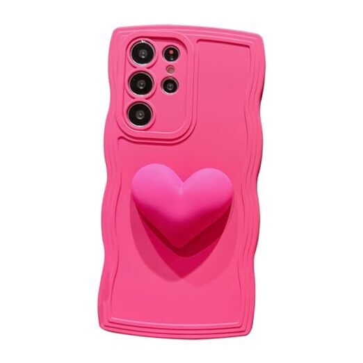 for Case with Wavy Edge,Cute 3D Love Heart Samsung Galaxy S22 Ultra Hot Pink