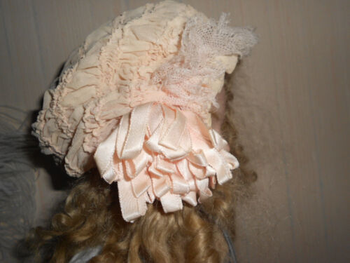 Antique Pink Ribbon Frilly Gathered Bonnet - Picture 1 of 11