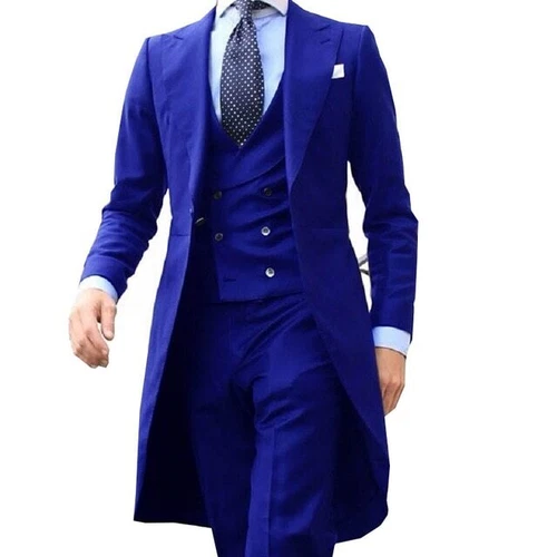 Men Formal Suit Long Blazer Jacket+Vest+Pants 3 Pieces Set New Male Costume - Picture 10 of 27