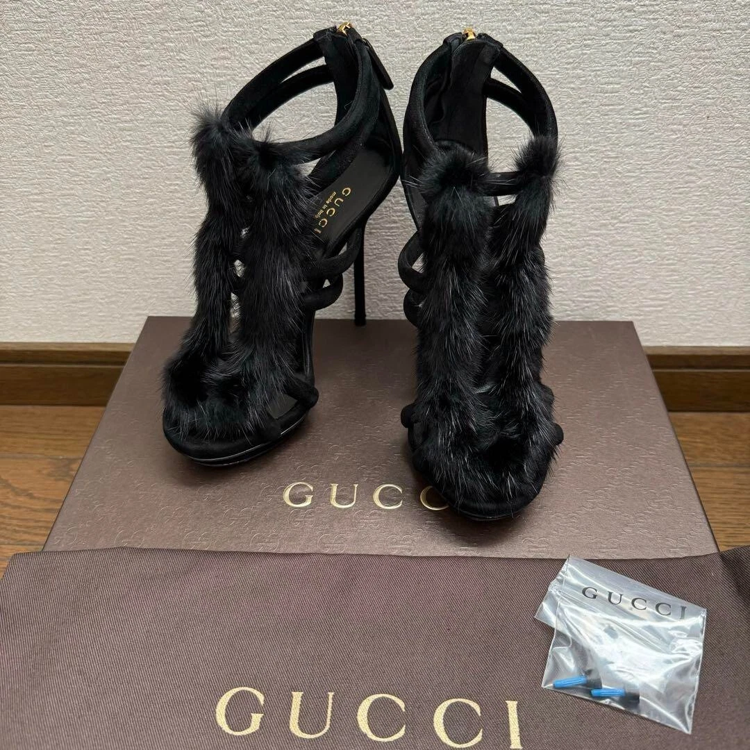 GUCCI Sandales à Talon Fourrure Mules Escarpins Chaussures Femme Taille EU 34 1/2 Noir Neuf