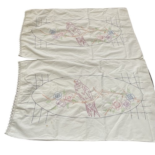 2 Hand Embroidered Pillowcases Bird Design 31" x 19" Stained Crafts DIY Upcycle