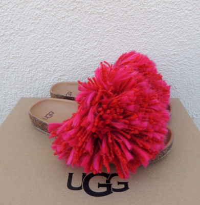 UGG RIBBON RED CINDI YARN FRINGE CORK SOLE SLIDE SANDALS, US 6/ EUR 37 ~NIB