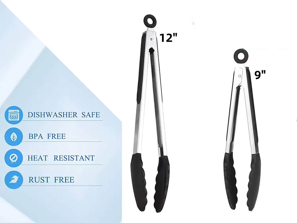 ✅ENVÍO AHORA - Juego de pinzas de silicona de acero inoxidable para alimentos de cocina | Negro 9"/12" Foto 3 de 4