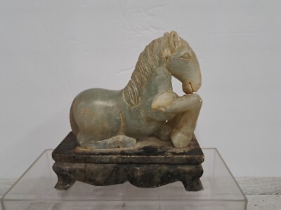 Rare Vtg Asian Genuine Natural Hand Carved Stone Kneeling Horse Statue On Stand 