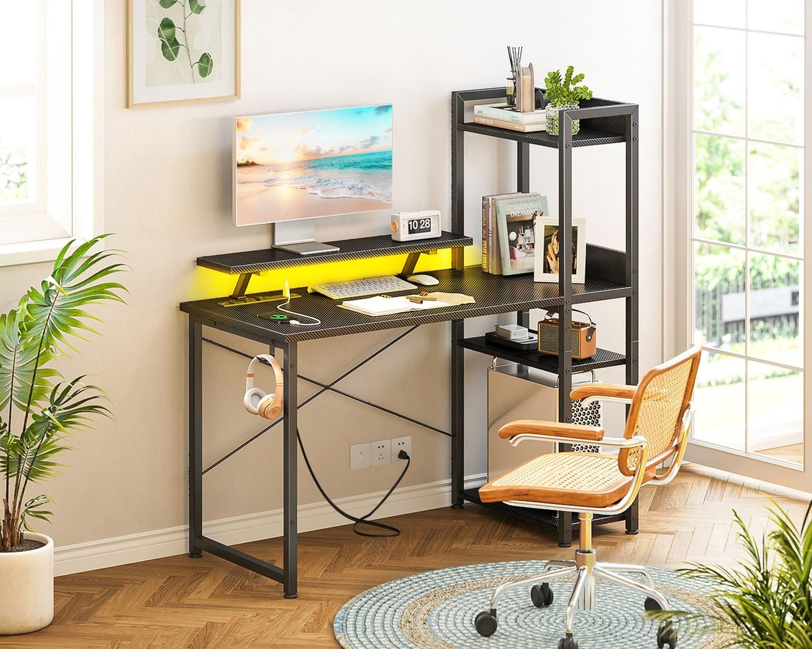 ODK Reversible Gaming Desk LED Lights, 40 Inch Computer Desk with Storage She...