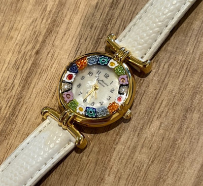 Venetiae Murano Millefiori Floral Glass Genuine Leather Band Watch Needs Battery
