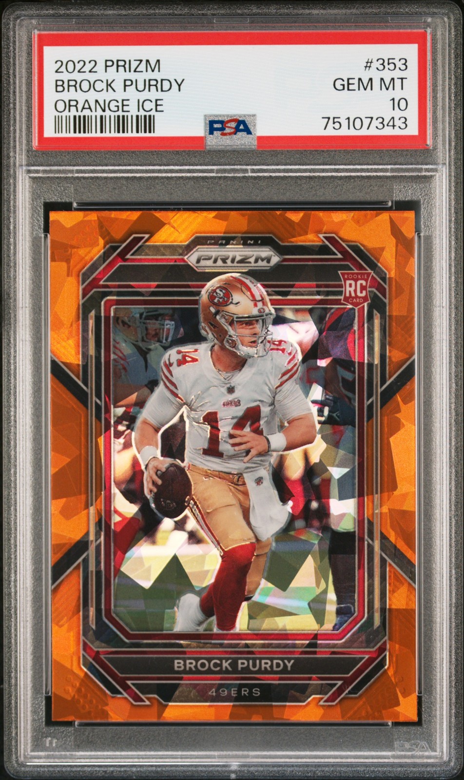 Brock Purdy Rookie 2022 Panini Prizm #353 Orange Ice PSA 10 view 1