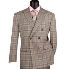 BIG  TALL Men's Taupe Glen Plaid Stretch Double Breasted Modern Fit Suit NEW