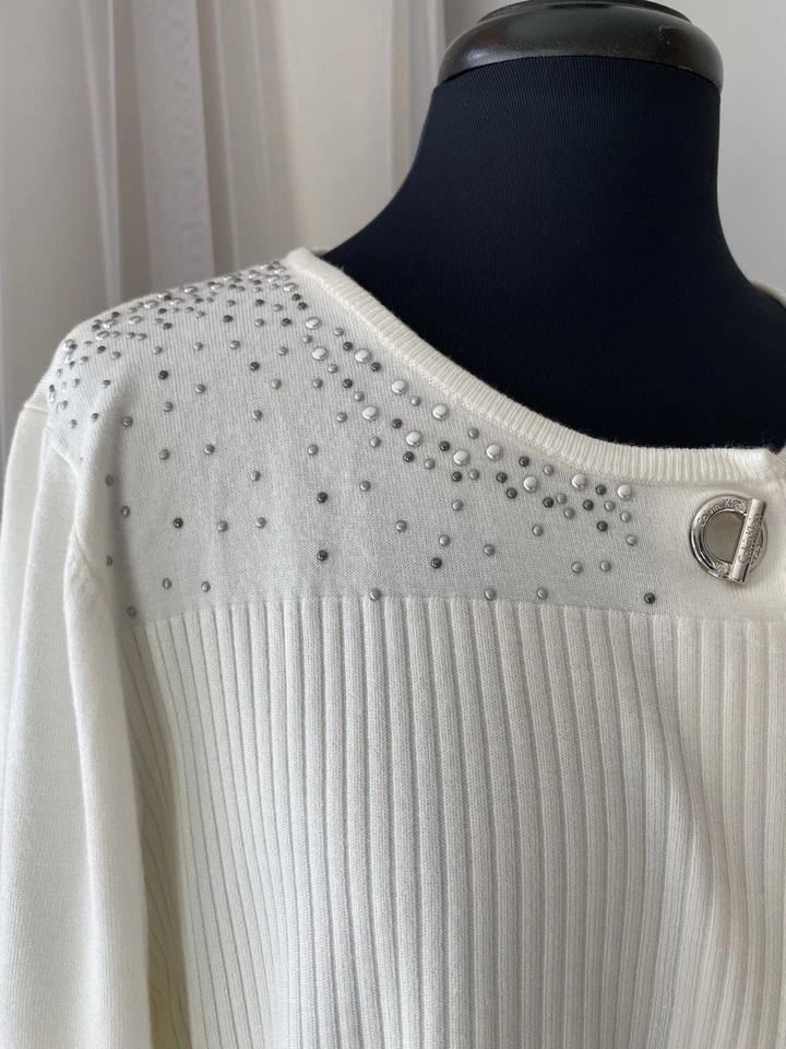 Cárdigan suéter para mujer Calvin Klein manga larga un botón con cuentas marfil talla XL Foto 2 de 4